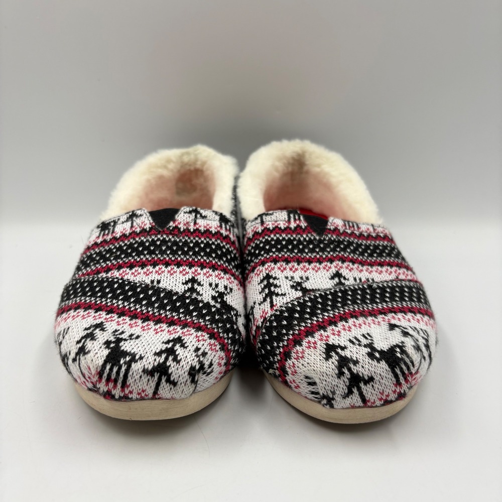 TOMS Alpargata Slippers Women 8.5‎ Black Red White Good Fair Isle Reindeer Knit